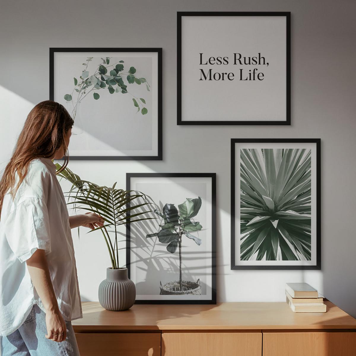 BILDER SET 4er Set - 50x50 cm & 40x60 cm Schwarzer Rahmen - Minimalismus mit grünen Pflanzen - Schwarz, Kunststoff (50/50cm) - TULUP