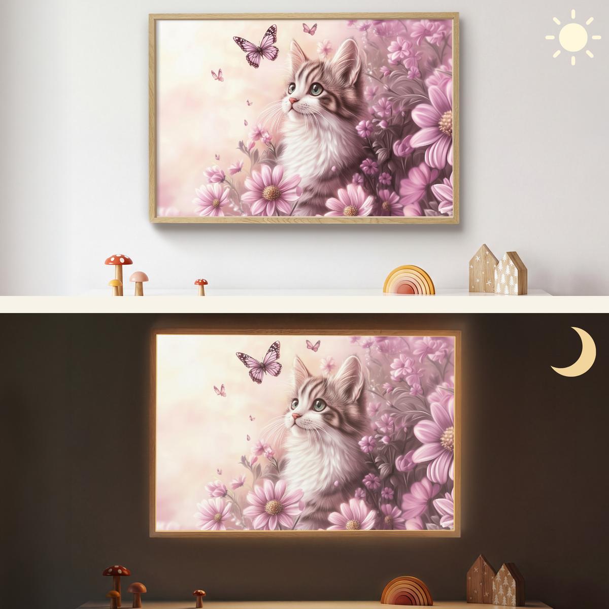 WANDLEUCHTE MIT AKKU Kätzchen - Blumen - Schmetterlinge - Lila 90x60 cm - Altrosa, Holzwerkstoff (90/60/8cm) - OnlyWow