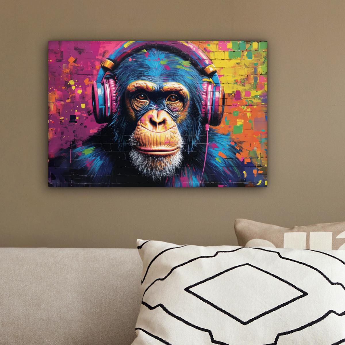 LEINWANDBILD Graffiti - Schimpanse - Straßenkunst - Kopfhörer - Affe Deko Schlafzimmer 30x20 cm - Blau, Textil (30/20cm) - MuchoWow