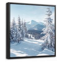 LEINWAND Bilder mit Rahmen - Winterlandschaft - Natur - Berge - Bäume - Schnee - 20x20 - Hellblau, Textil (20/20cm) - MuchoWow
