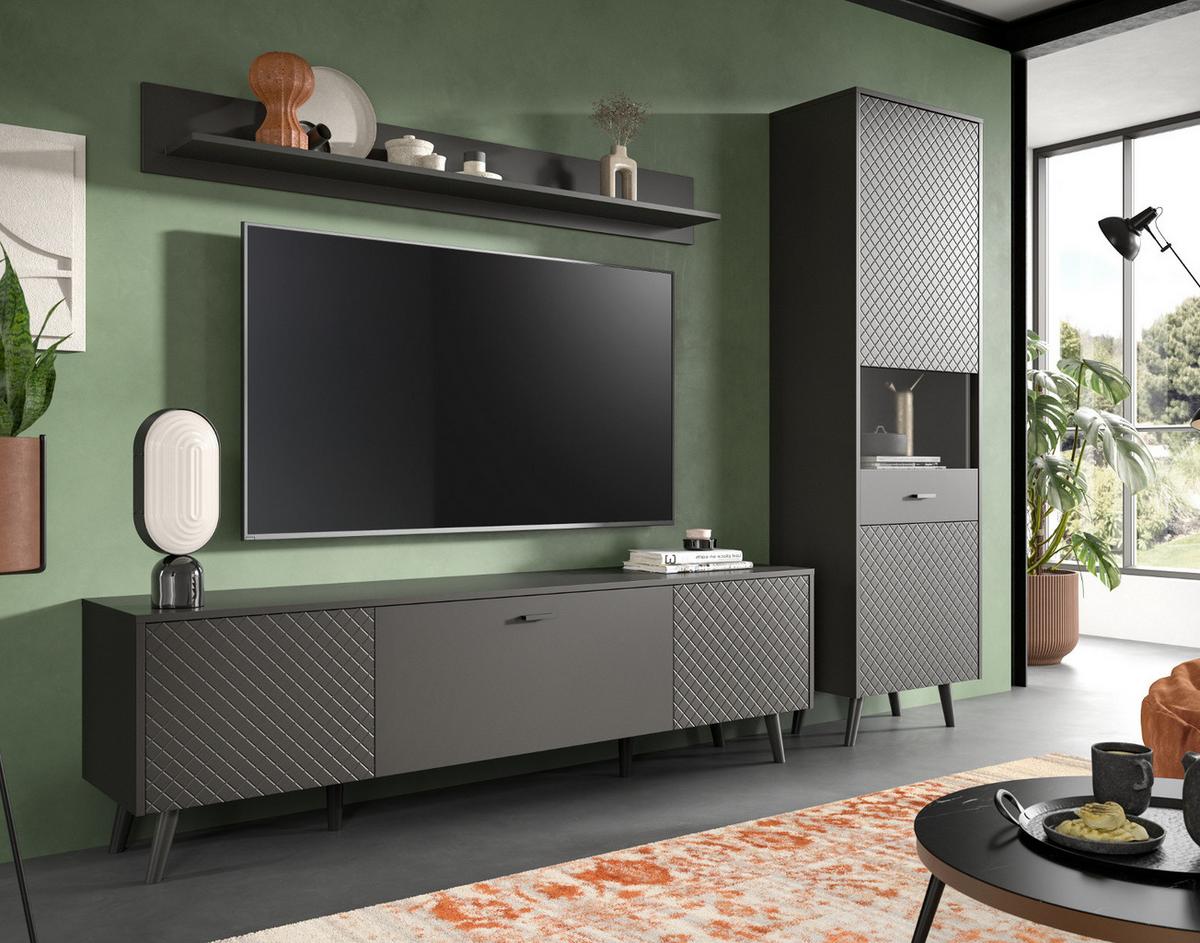 WOHNWAND grau matt 3-teilig 258 cm, Schrankwand mit Struktur - Schwarz/Grau, Glas/Holzwerkstoff (258/195/40cm) - Inn.Furn