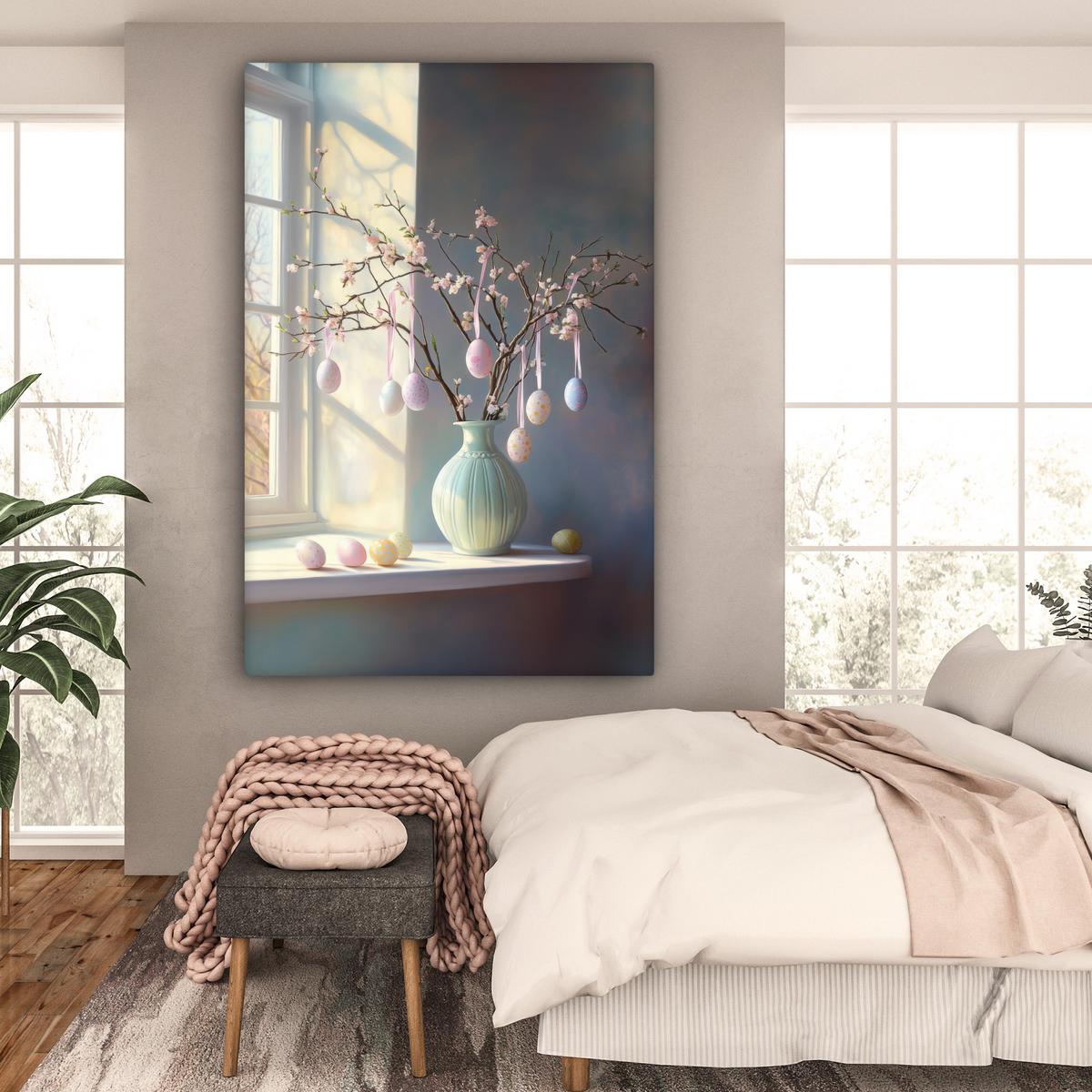 LEINWANDBILD Stillleben - Vase - Osterzweig Deko Groß 90x140 cm - Hellblau, Textil (90/140cm) - MuchoWow