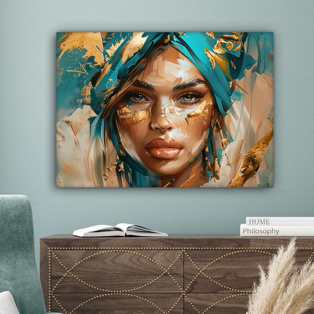 LEINWANDBILD Frau - Porträt - Gold - Luxus - Blau Wandbilder 80x60 cm - Türkis, Textil (80/60cm) - MuchoWow