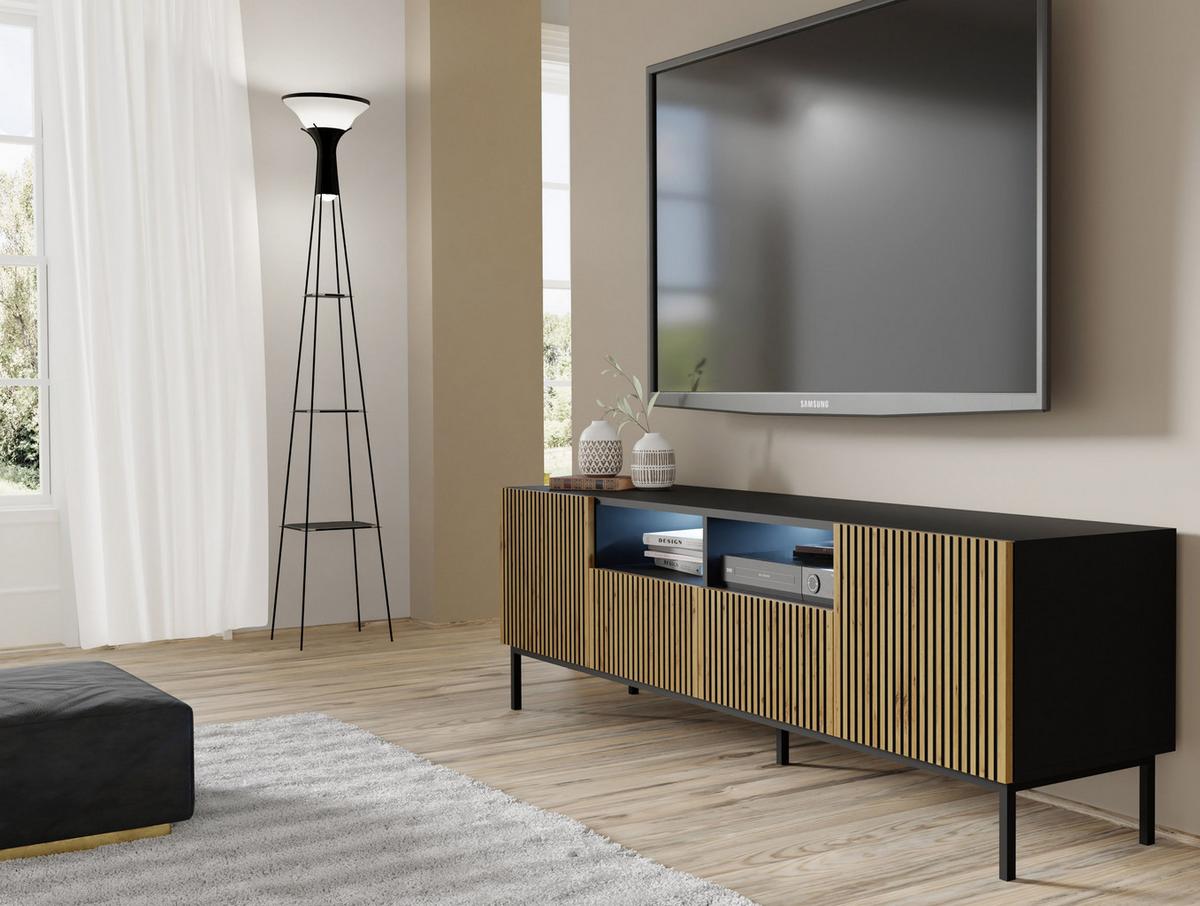 TV LOWBOARD Schwarz, Artisan-Schwarz, Schwarz 200/58/42 - Schwarz/Eiche Artisan, Holzwerkstoff (200/58/42cm) - RAUMHIRSCH FURNITURE