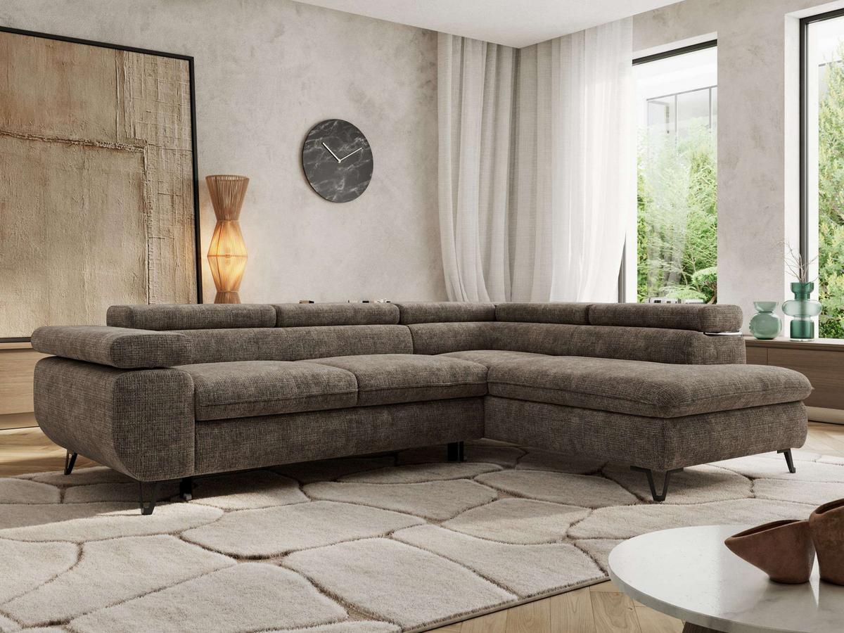 ECKSOFA PABLO L Braun Schenille grob gewebt - Rechts Seite mit T25 Topper - Schwarz/Braun, Textil/Metall (273/208cm) - MKS