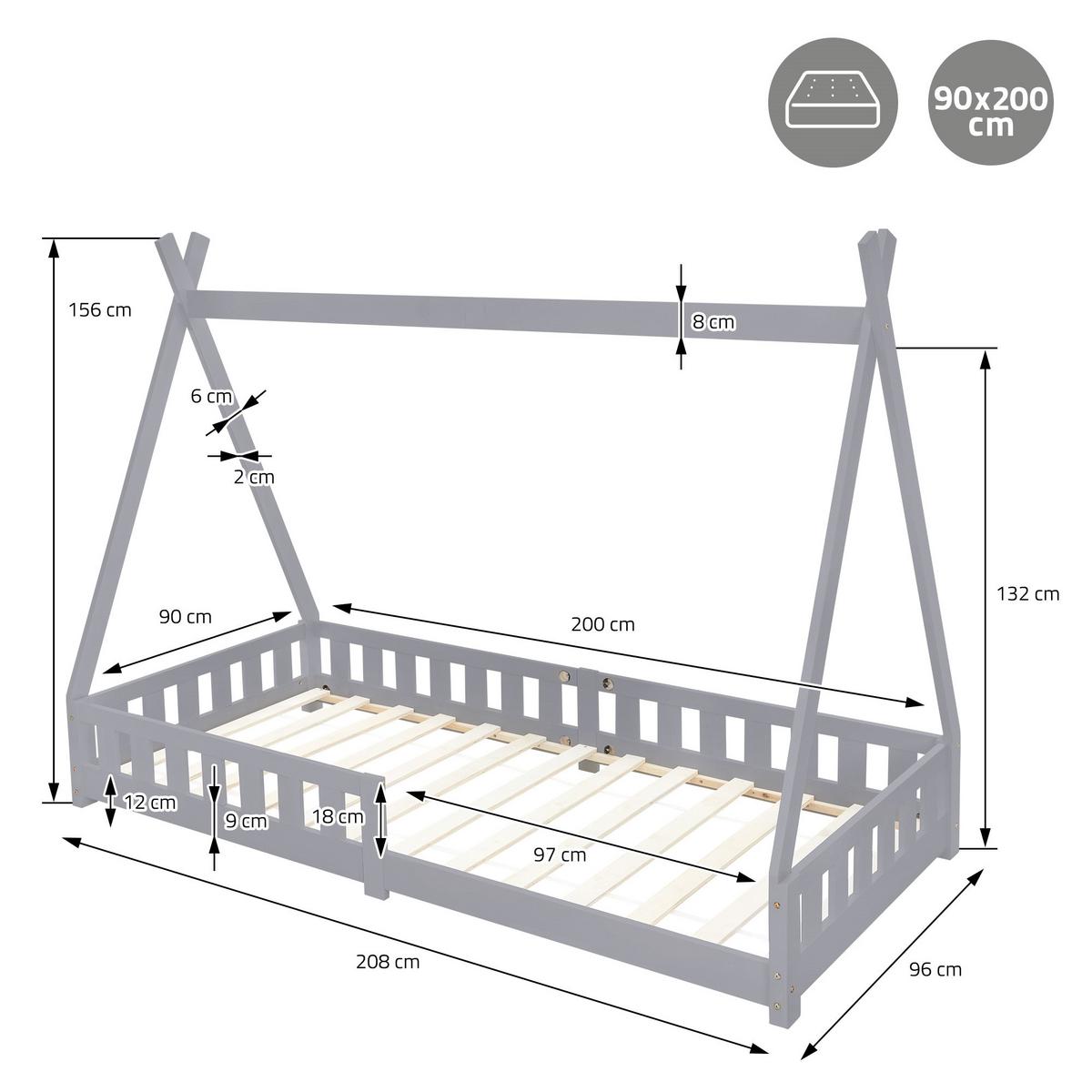 KINDERBETT Tipi mit Matratze 90x200 cm Hellgrau - Hellgrau, Holz (90/200cm) - ML-DESIGN