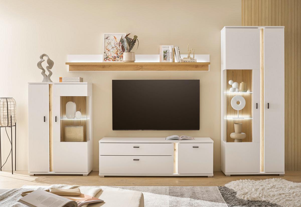 VITRINE weiß matt, Eiche Wotan 80 x 200 cm, Vitrinenschrank inklusive Frontbeleuchtung - Eiche Wotan/Silberfarben, Glas/Holzwerkstoff (80/200/35cm) - Furn.Design