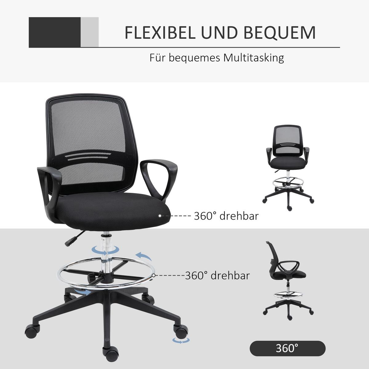 ARBEITSSTUHL Ergonomischer Drehstuhl Bürostuhl höhenverstellbar mit Fußstütze - Schwarz, Textil (66/120/68cm) - Vinsetto