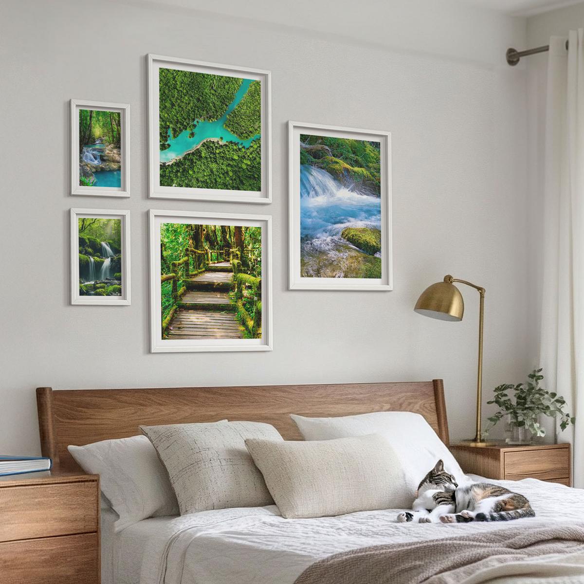 BILDER SET 5er Set - 50x50 cm & 20x30 cm & 40x60 cm Weißer Rahmen - Grüne Berge, Flussfelsen - Weiß, Kunststoff (40/60cm) - TULUP