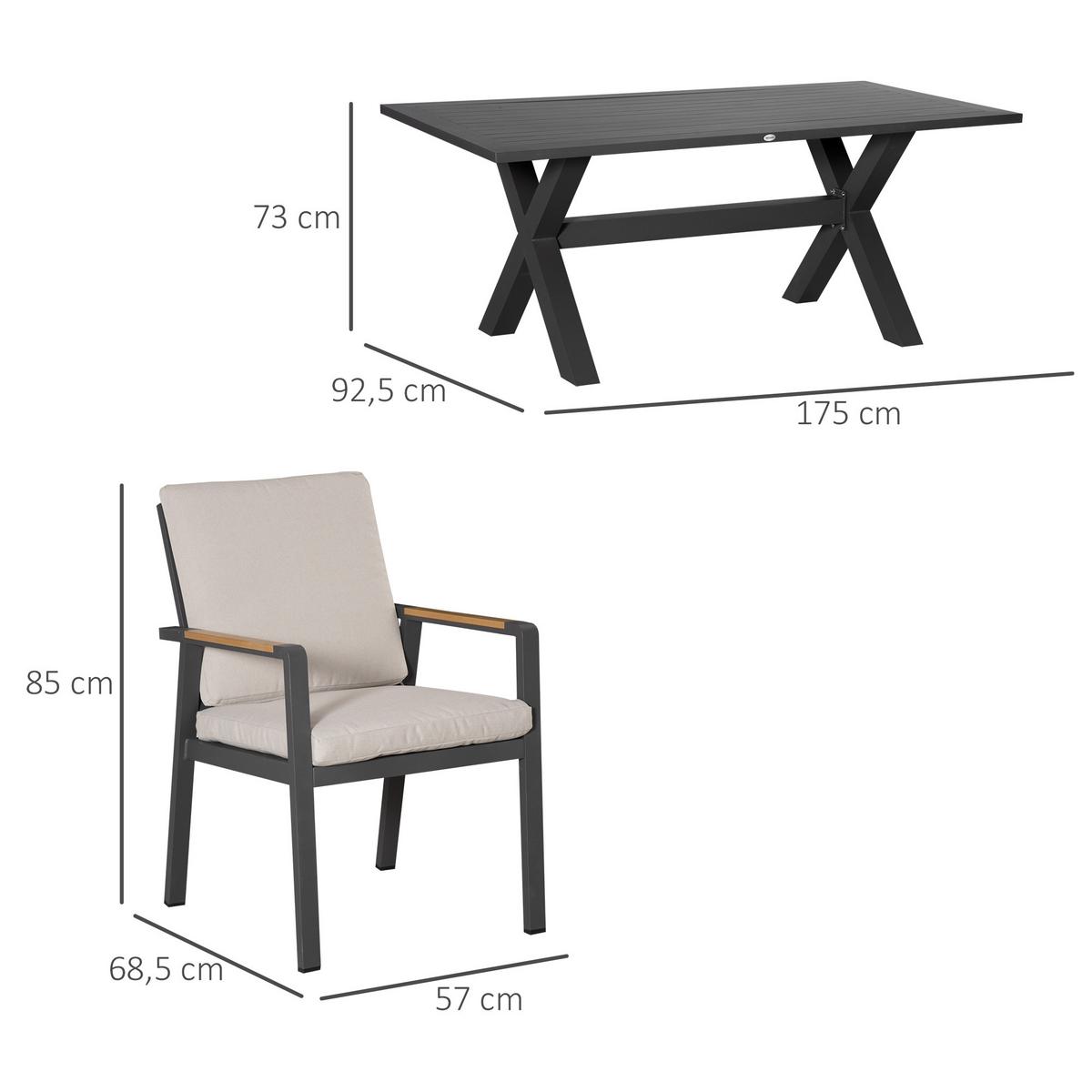 GARTENMÖBEL-SET Sitzgruppe 1 Tisch+6 Stühle mit Auflagen Wetterfest Alu Schwarz+Grau - Grau, Metall - Outsunny
