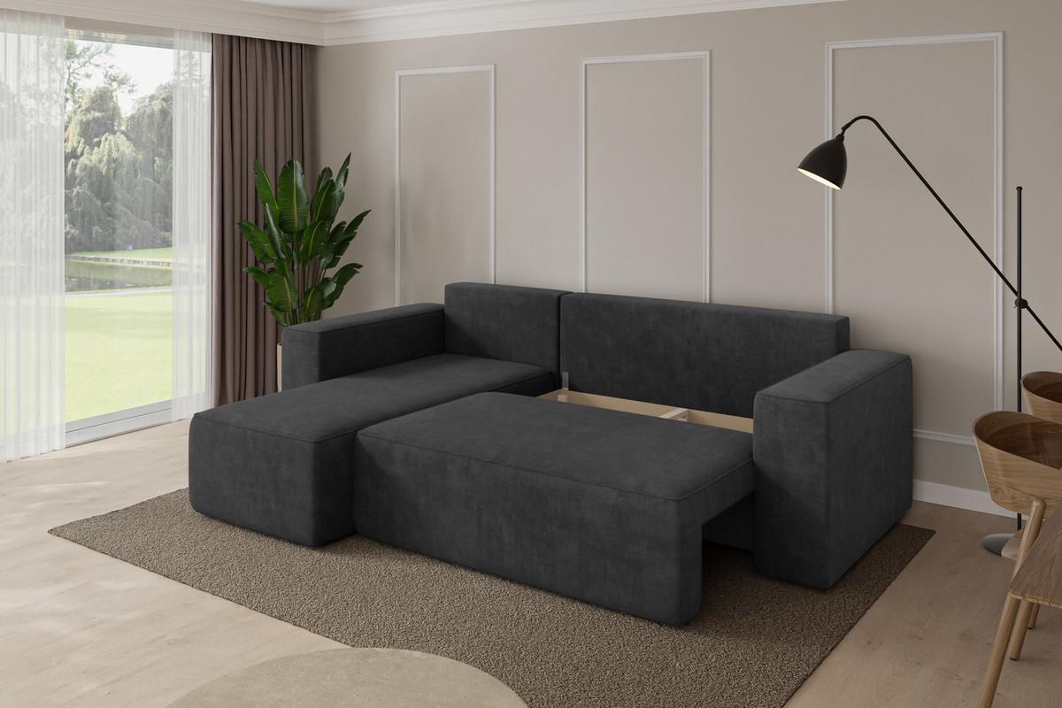ECKSOFA mit Schlaffunktion Ottomane Links SENO-L 249x139x85 Dunkelgrau Velours - Anthrazit/Schwarz, Holzwerkstoff/Kunststoff (249/139cm) - ALTDECOR