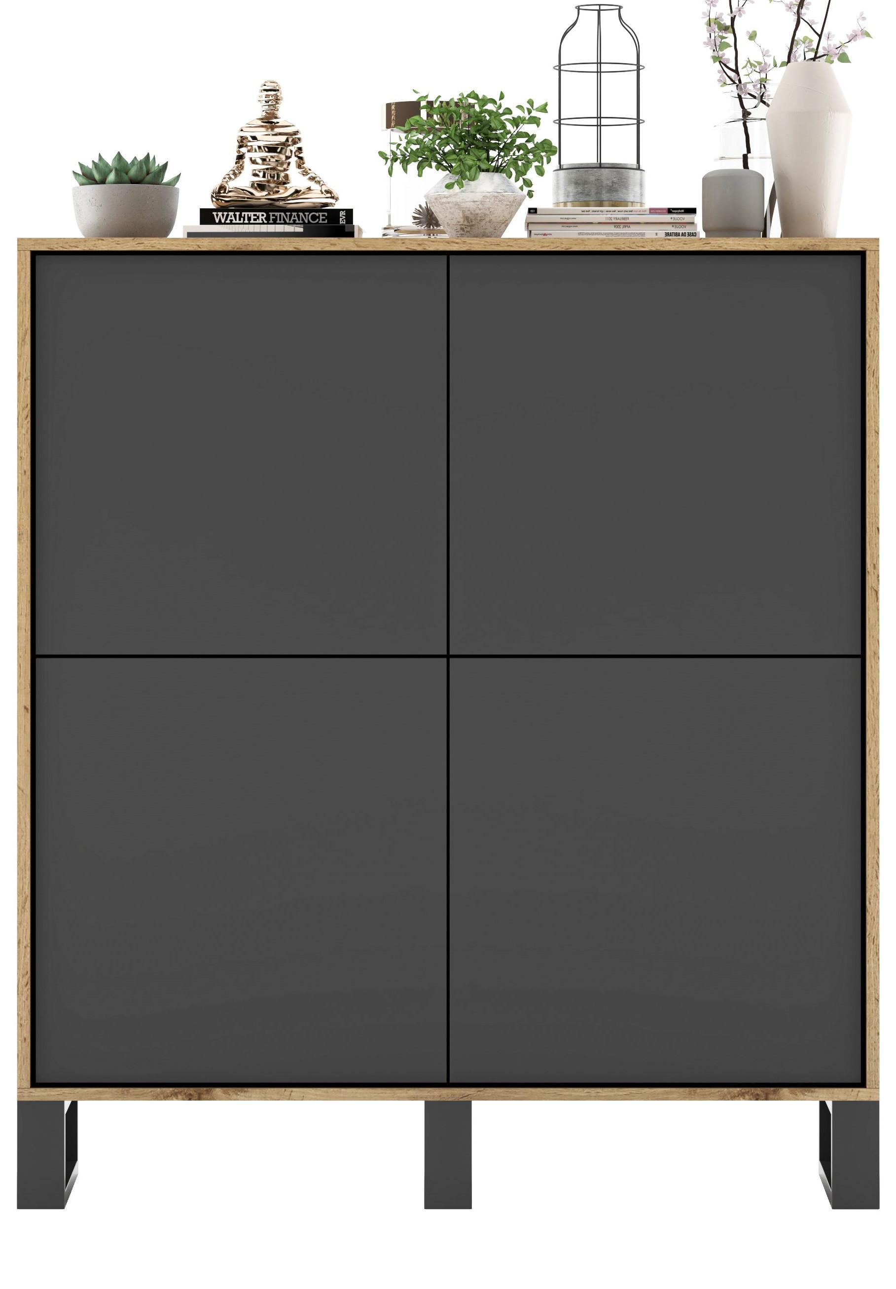 KOMMODE Apollo 4D Eiche wotan Graphit Matt mit metallbeinen 113 cm - Graphitfarben/Schwarz, Holzwerkstoff/Metall (113/127/35cm) - Meble Lindner