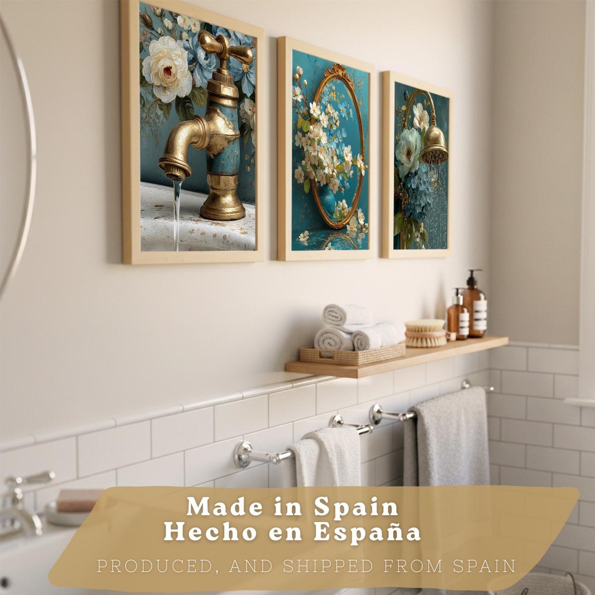 POSTER 3er-Set dekorative Badezimmer-Poster, elegante für Wand, Waschbecken, Dusche, mit Armatur, Spiegel und goldener Dusche Leichter Holzrahmen A4 - Beige, Papier (29.7/21/3cm) - Nacnic