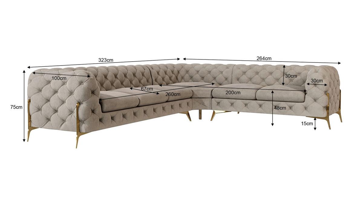 ECKSOFA Chesterfield Lexi Dunkle Creme Samt, langer Schenkel links - Goldfarben/Creme, Holz/Textil (323/264cm) - S-Style Möbel