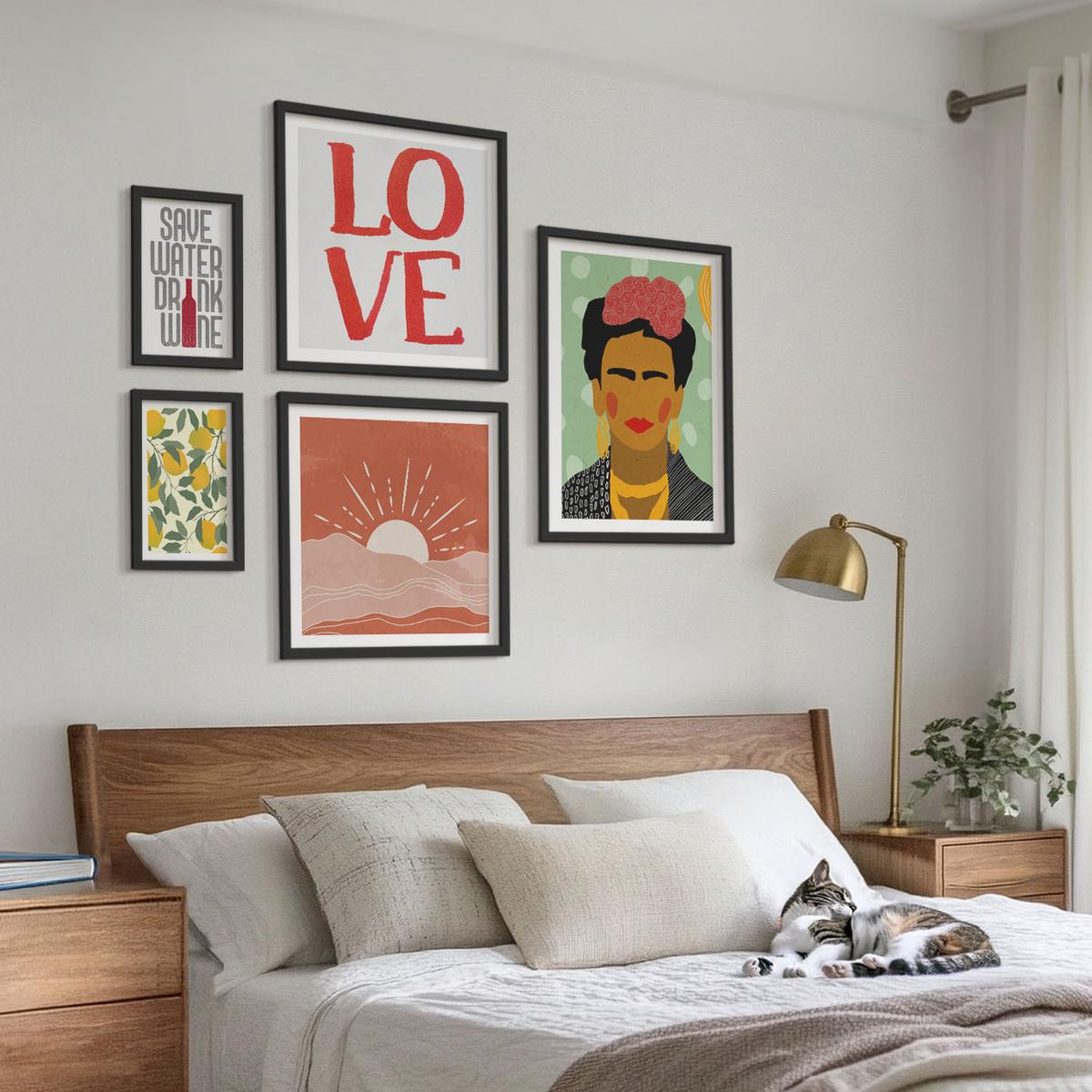 BILDER SET 5er Set - 50x50 cm & 20x30 cm & 40x60 cm Schwarzer Rahmen - Zitronen Inschrift Liebeslandschaft Frida - Schwarz, Kunststoff (40/60cm) - TULUP