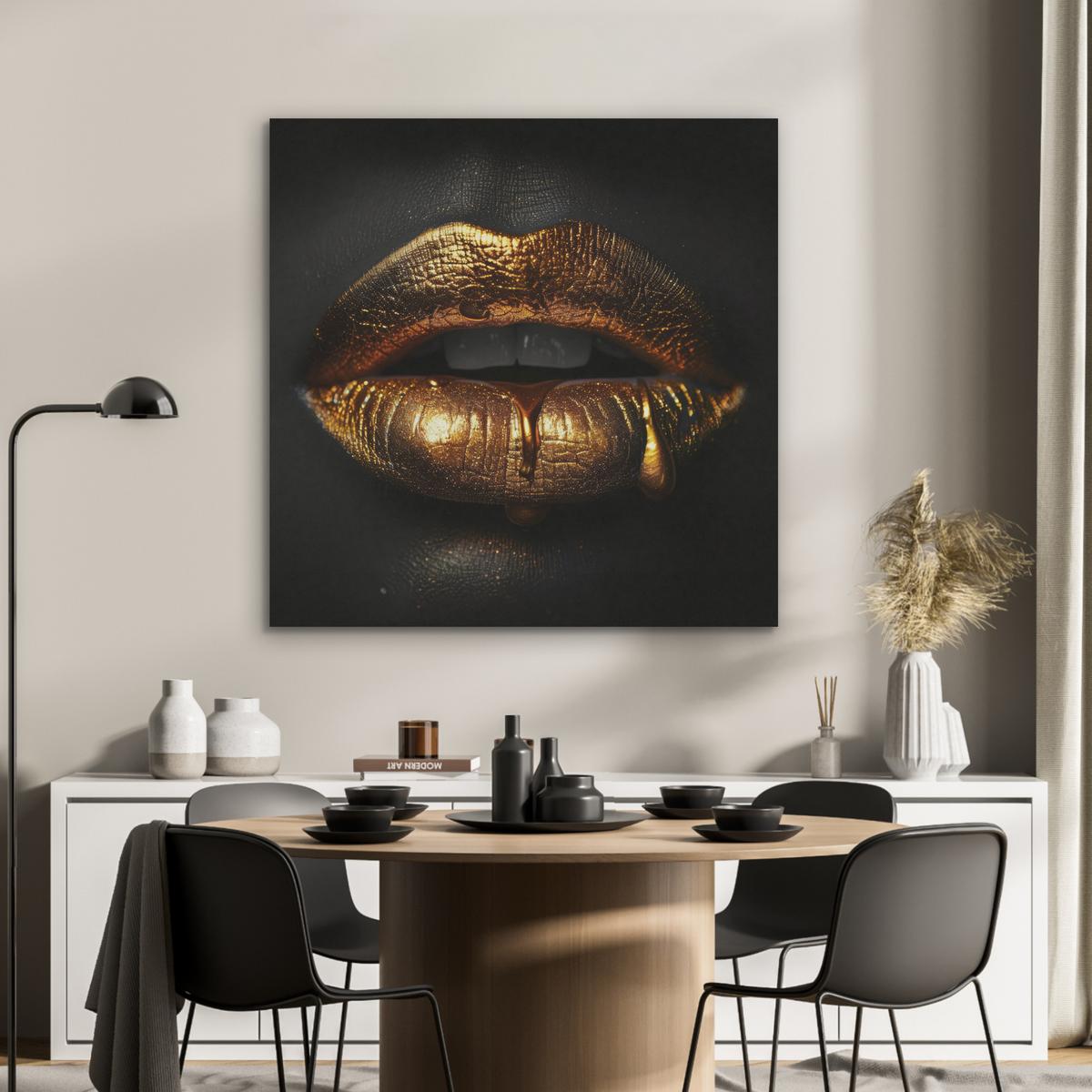 AKUSTIKBILD Frau - Porträt - Lippen - Gold - Schwarz Akustikpaneele 90x90 cm - Schwarz, Kunststoff (90/90/0.9cm) - MuchoWow