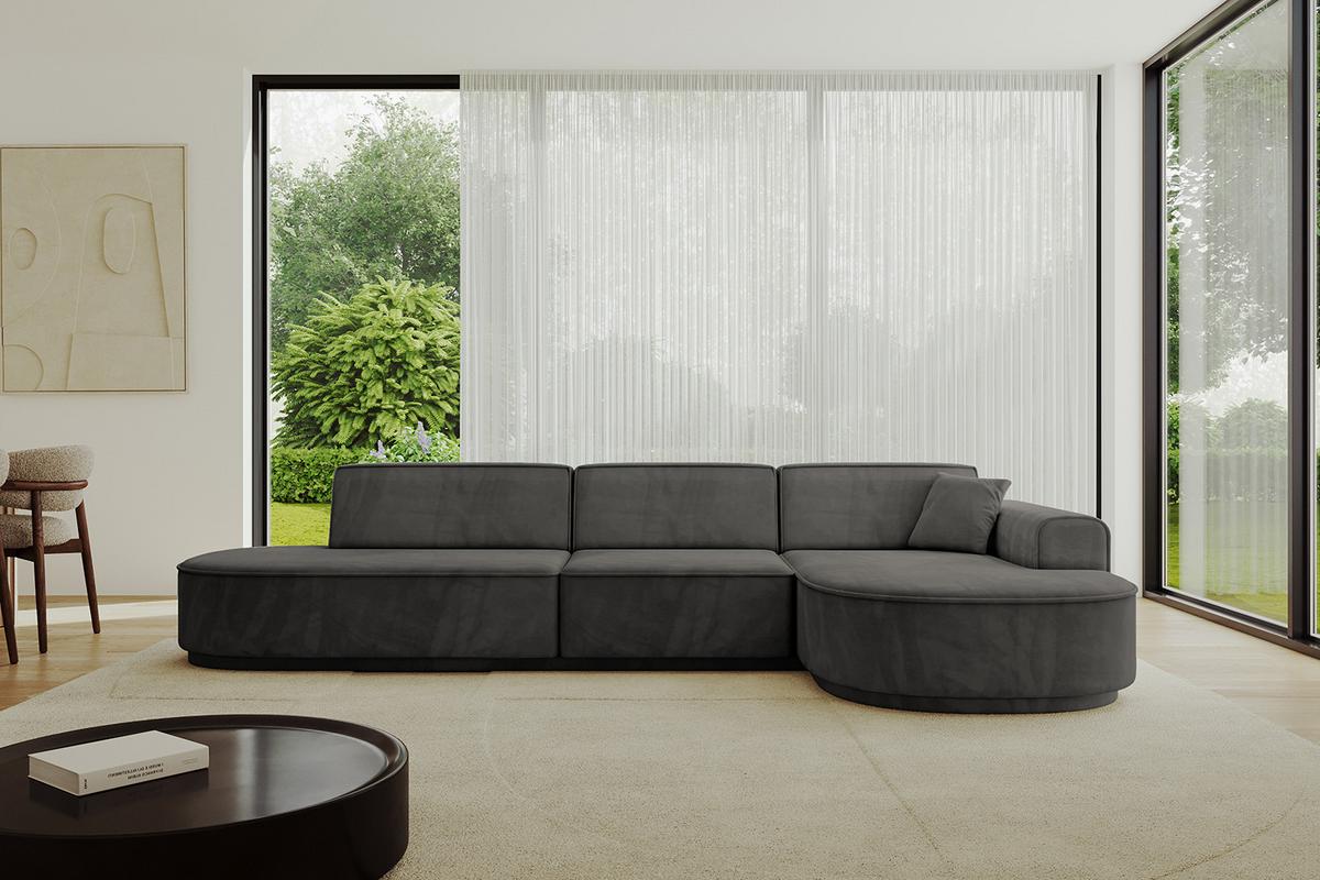 ECKSOFA Ottomane Rechts MARI-L2-v3 - 328x171x83 cm Dunkelgrau Velours - Dunkelgrau/Schwarz, Holzwerkstoff/Kunststoff (171/328cm) - ALTDECOR