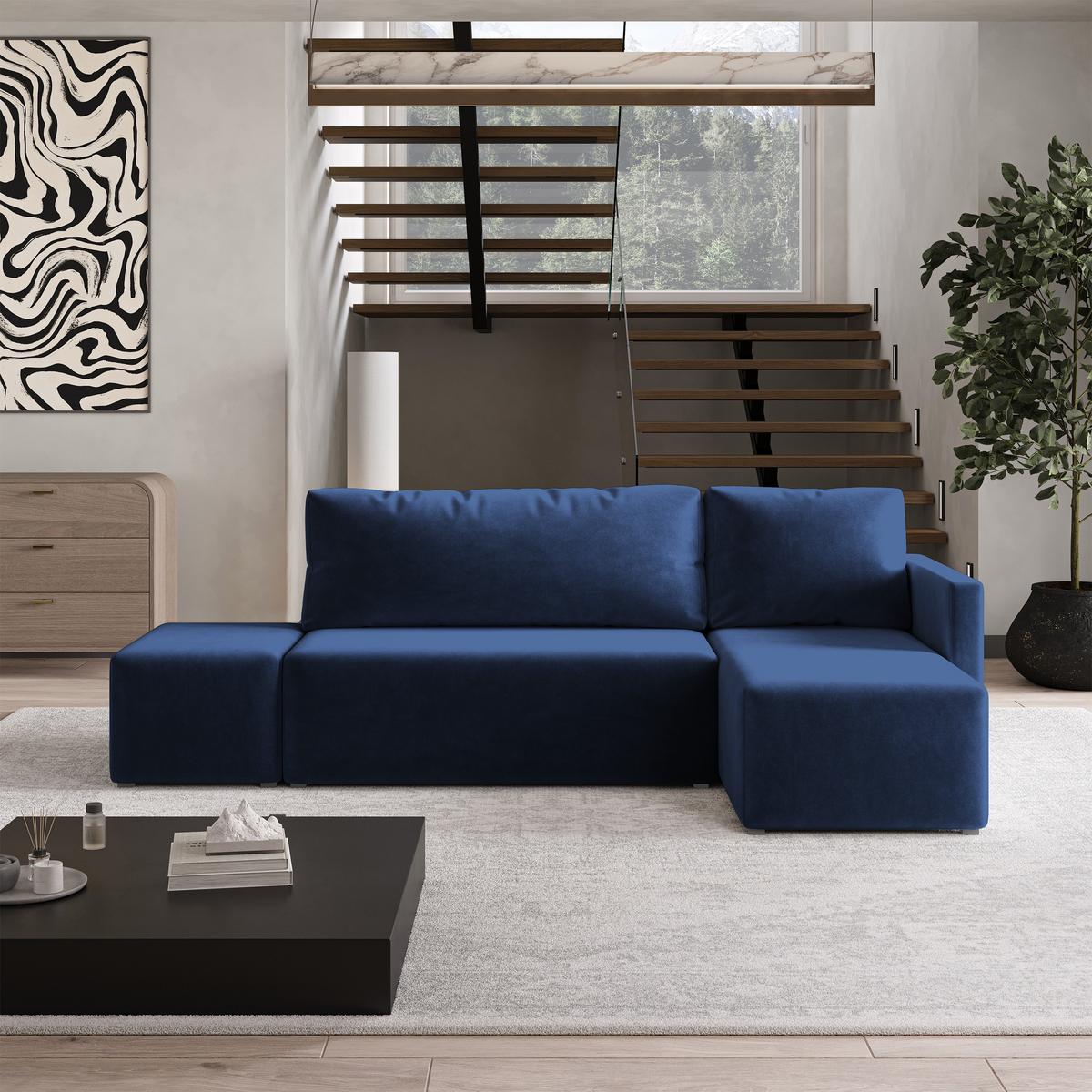 ECKSOFA VELOTTI R-S Blau Plüsch-Stoff mit Schlaffunktion - Blau, Holz (261/143cm) - MASSENO
