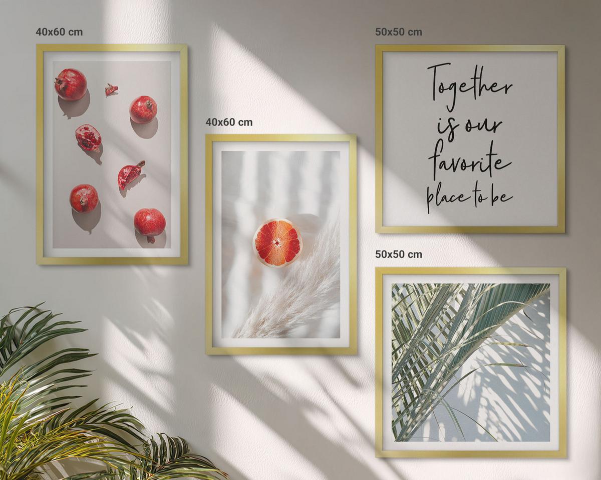 BILDER SET 4er Set - 50x50 cm & 40x60 cm Goldrahmen - Feiertags-Palmenfrucht-Inschrift - Goldfarben, Kunststoff (50/50cm) - TULUP