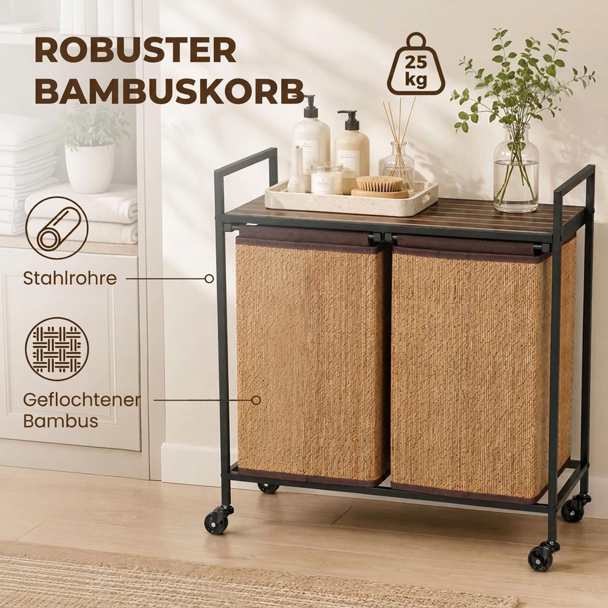 WÄSCHEKORB Stahl Bambus Braun - Braun, Holz (33/78/73cm) - HOMCOM