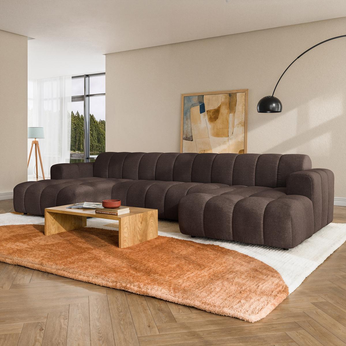 WOHNLANDSCHAFT AENIS Braun Strukturstoff - Braun, Holz (398/85/165cm) - MASSENO