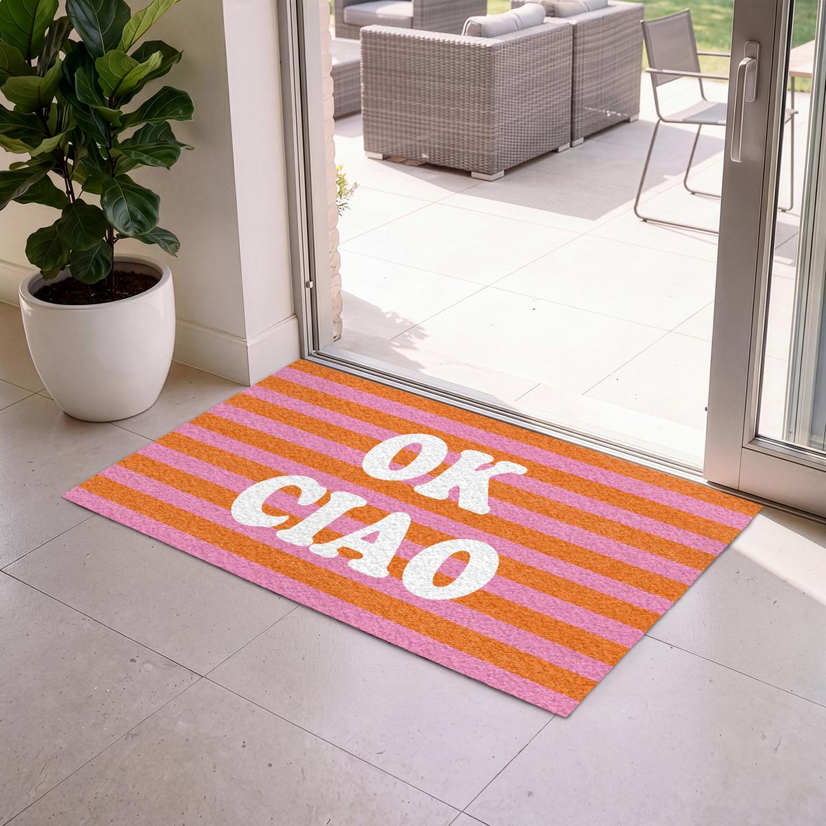 FUSSMATTE Ciao - Zitat - Streifen Sauberlaufmatte 120x80 cm - Orange, Kunststoff (120/0.4cm) - MuchoWow