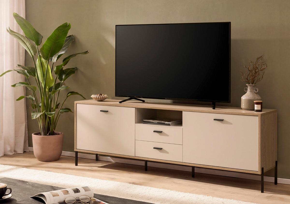 TV-LOWBOARD Kaschmir, Eiche 195 x 64 cm, TV Unterteil mit Soft-Close, Komforthöhe - Kaschmir/Eichefarben, Holzwerkstoff/Metall (195/64/40cm) - Furn.Design