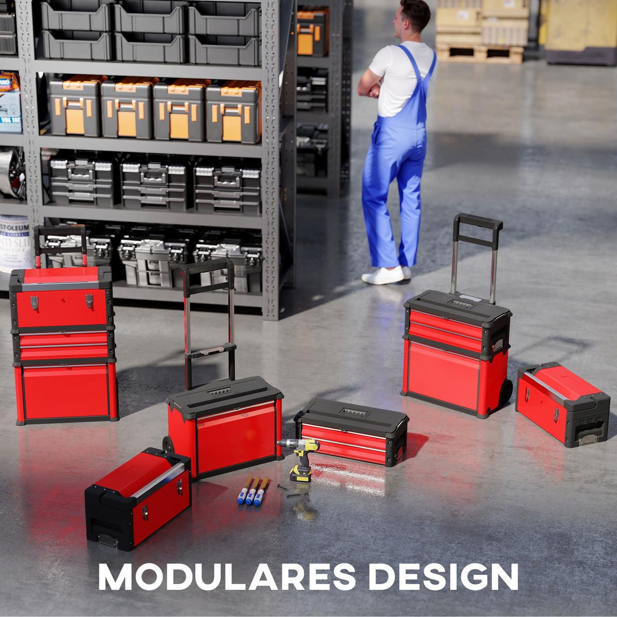 WERKSTATTWAGEN inkl. Koffer Werkzeugwagen leer mit 3 modularen Einheiten - Rot, Metall (32/72/52cm) - HOMCOM
