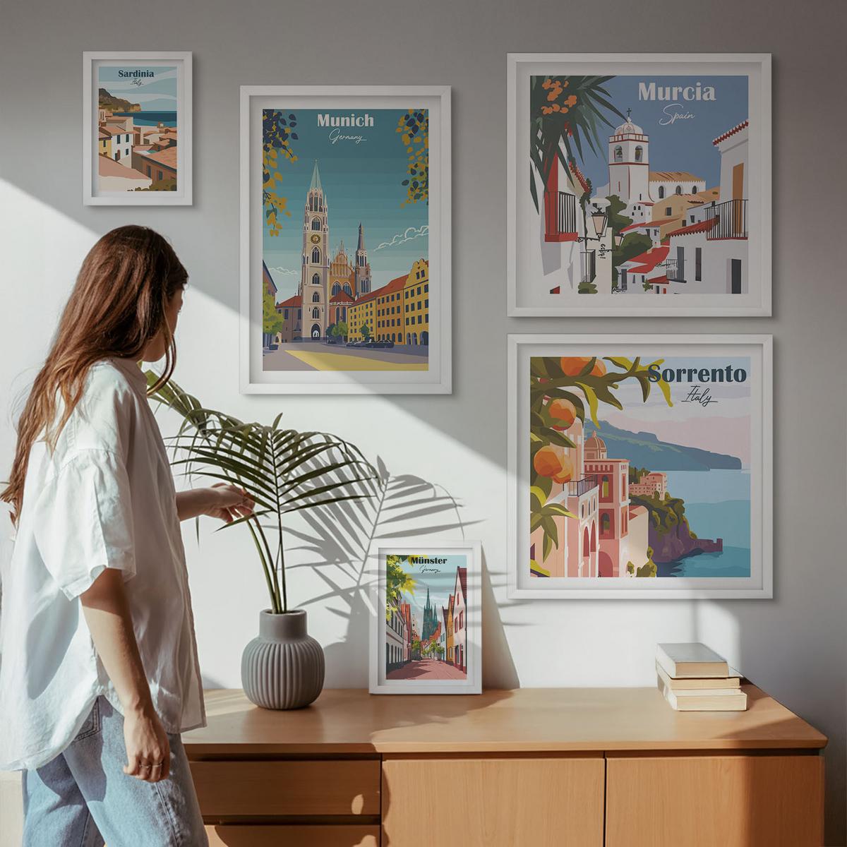 BILDER SET 5er Set - 50x50 cm & 20x30 cm & 40x60 cm Weißer Rahmen - Retro-Stadtillustrationen - Weiß, Kunststoff (40/60cm) - TULUP