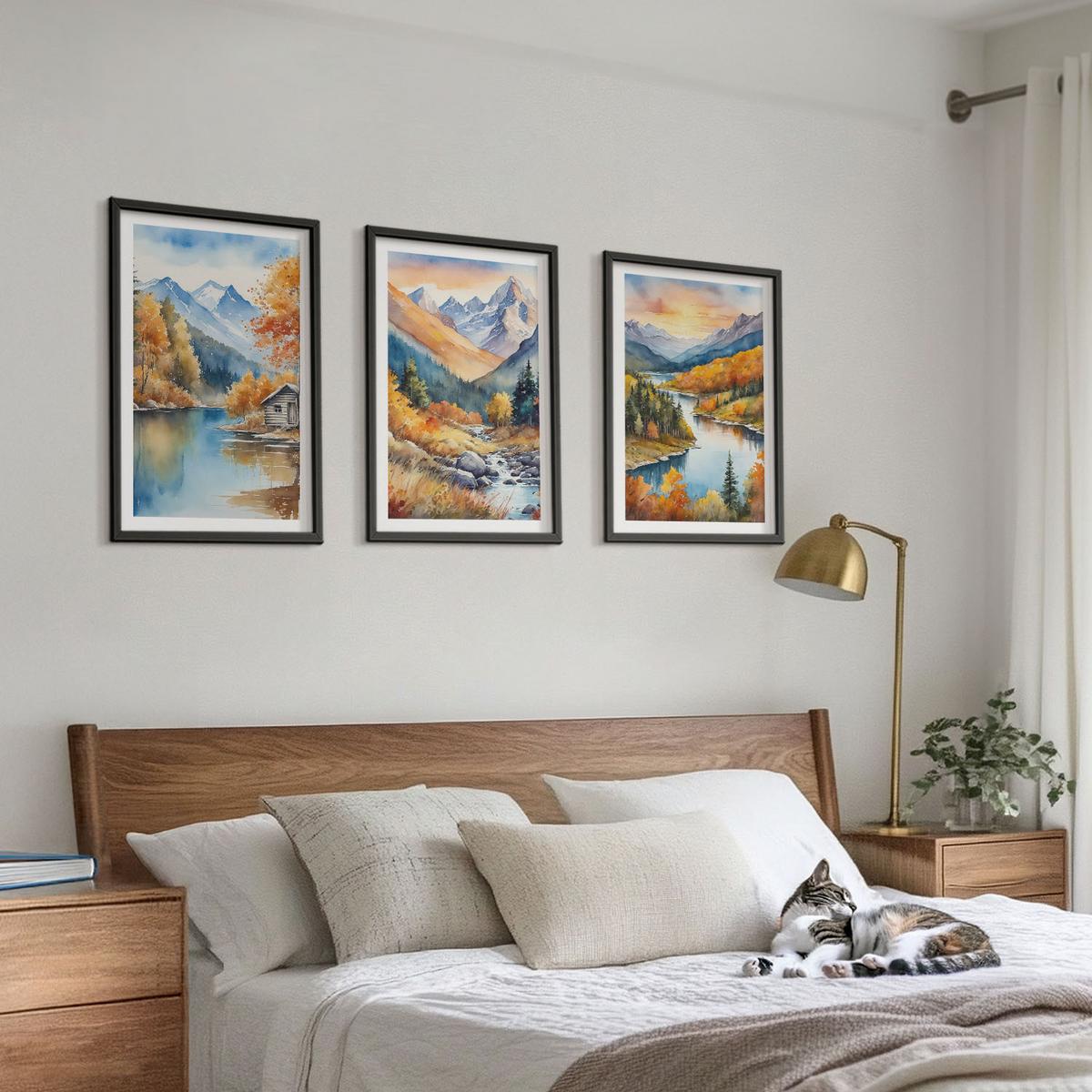 BILDER SET 3er Set - 40x60 cm Schwarzer Rahmen - Berglandschaft, Fluss, Herbst - Schwarz, Kunststoff (40/60cm) - TULUP