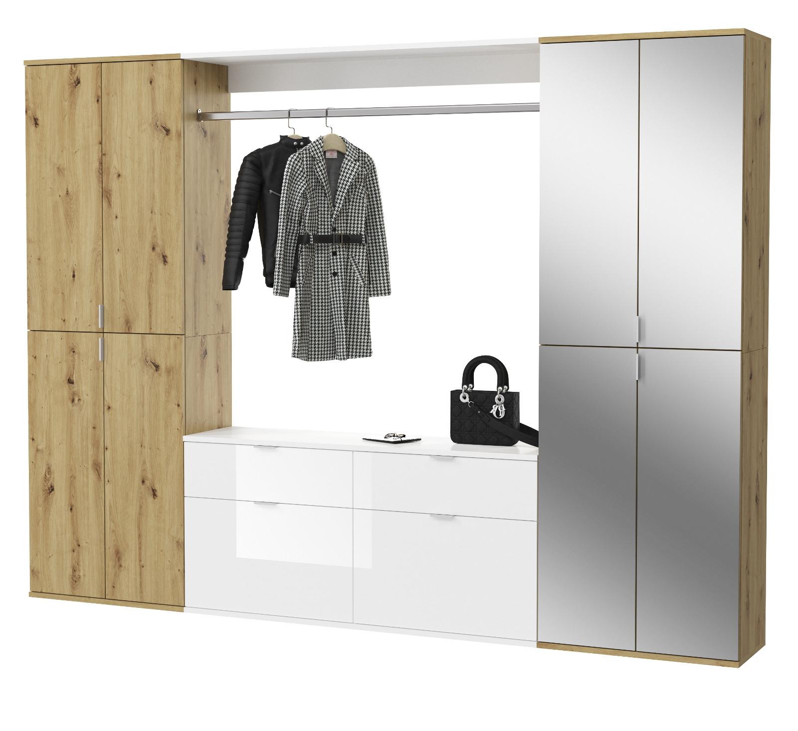 GARDEROBE Eiche Artisan, weiß Hochglanz 243 cm, Set mit viel Stauraum - Chromfarben/Weiß Hochglanz, Glas/Holzwerkstoff (243/193/34cm) - Inn.Furn