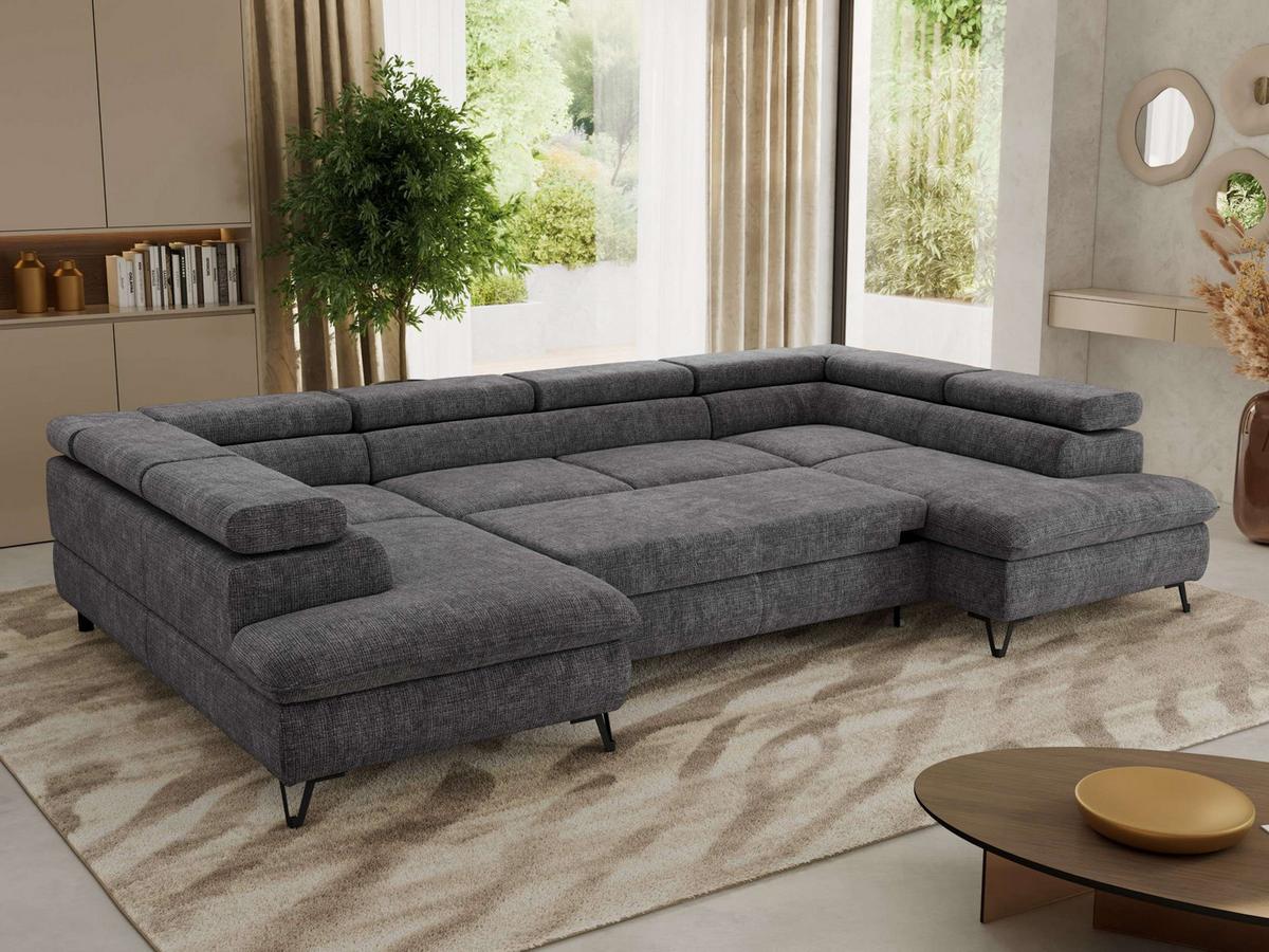 WOHNLANDSCHAFT PABLO U Schenille grob gewebt Grau - Schwarz/Grau, Textil/Metall (346/76/208cm) - MKS