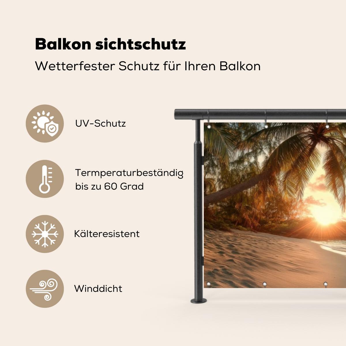 BALKON-SICHTSCHUTZ Strand - Palmen - Meer - Sonnenuntergang Deko XXL 500x130 cm - Samtahornfarben, Kunststoff (500/130cm) - MuchoWow