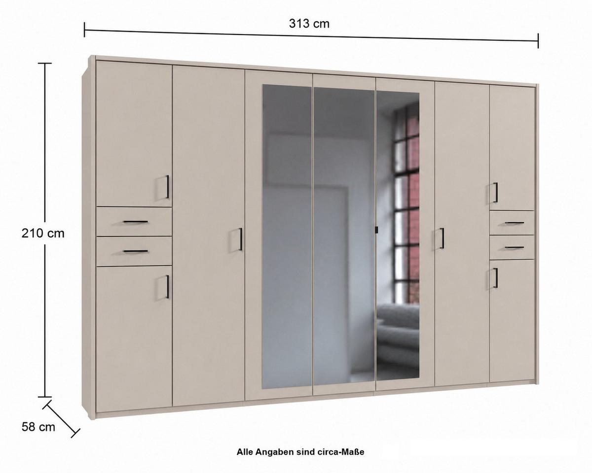 DREHTÜRENSCHRANK B313/H210/T58 cm, Beige Grau, Kleiderschrank m.Passepartout&3Spiegeltüren&Schubkästen,Griffe schwarz/ 22586 - Greige/Beige, Holzwerkstoff/Kunststoff (313/210/58cm) - luma-home