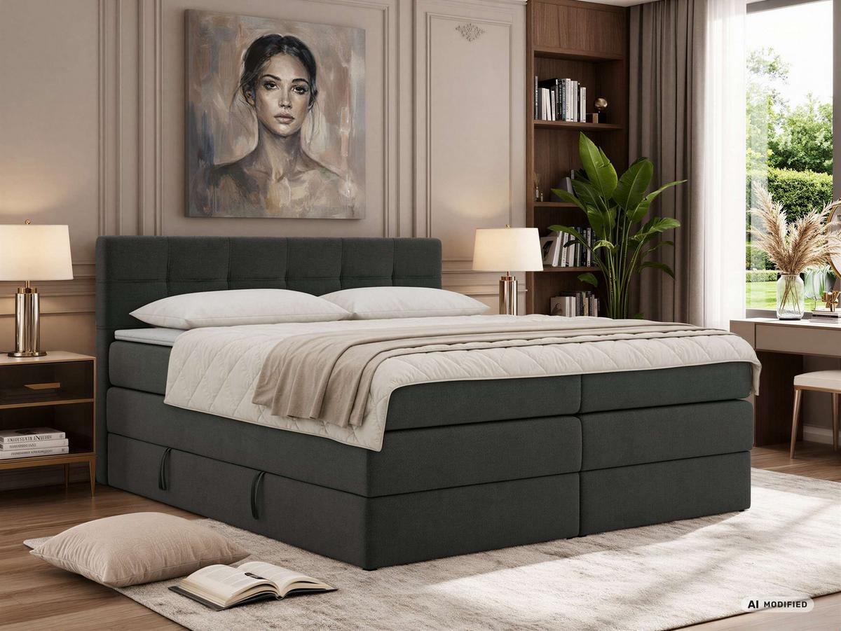 BOXSPRINGBETT SOLVEN KING 200/200 - Dunkelgrau Jersey - Topper T25 - H4 - Dunkelgrau/Schwarz, Kunststoff/Textil (200/200cm) - MKS