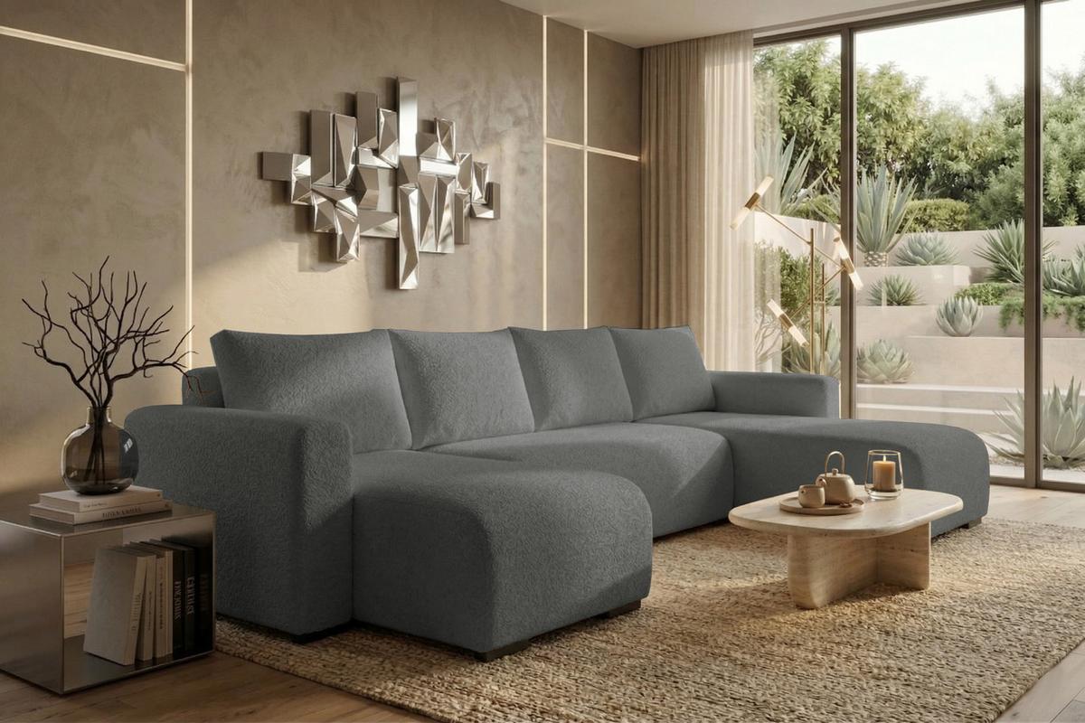WOHNLANDSCHAFT DORA U mit Bettkasten und Schlaffunktion, U-Form, bequem - Dunkelgrau, Textil (305/85/140cm) - Storez24