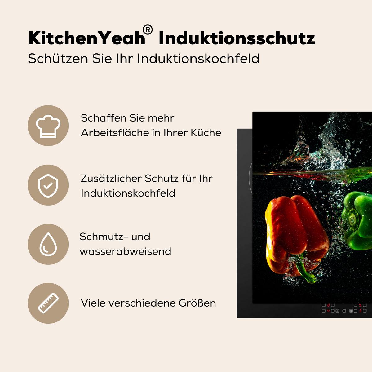 HERDABDECKPLATTE Paprika - Gemüse - Wasser - Schwarz - Rot - Grün - Gelb Herdabdeckung Induktionsfeld 65x52 cm - Multicolor, Kunststoff (65/52/0.2cm) - MuchoWow