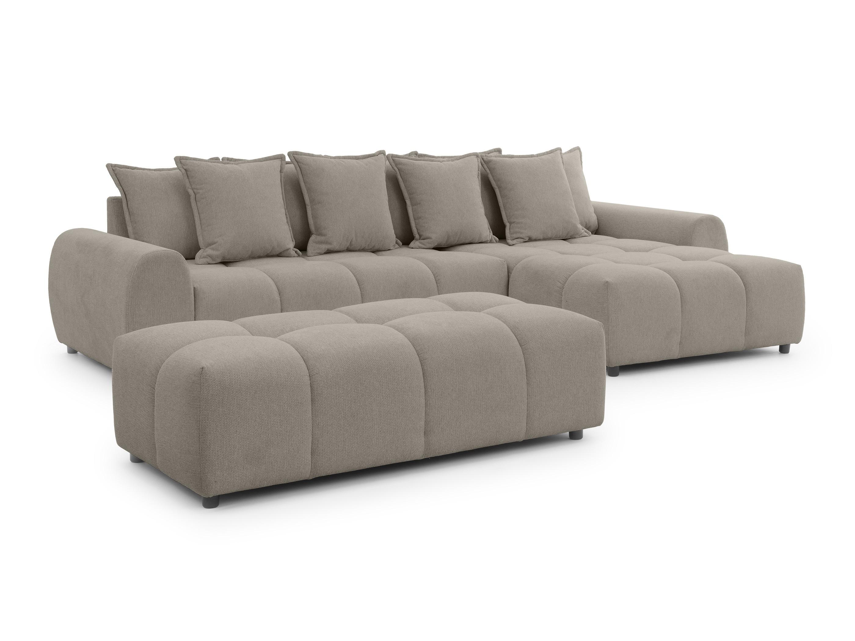 ECKSOFA inkl. Hocker Bubble mit Schlaffunktion und losen Rückenkissen, Sitzfläche Bubble-Optik aus weichem Taupe Strukturstoff - Ottomane Rechts - Taupe/Schwarz, Holz/Kunststoff (306/180cm) - S-Style Möbel
