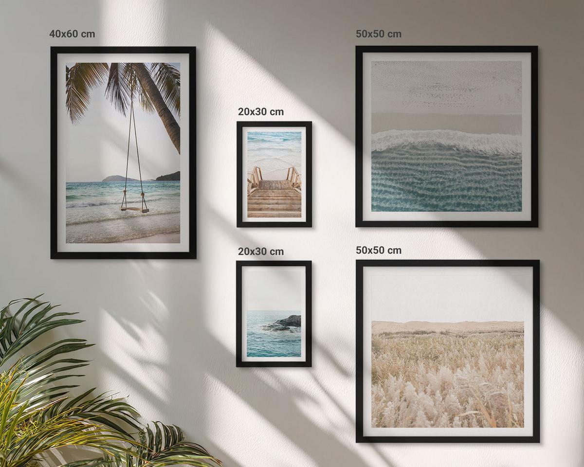 BILDER SET 5er Set - 50x50 cm & 20x30 cm & 40x60 cm Schwarzer Rahmen - Treppe, Strand, Meerblick, Schaukel - Schwarz, Kunststoff (40/60cm) - TULUP