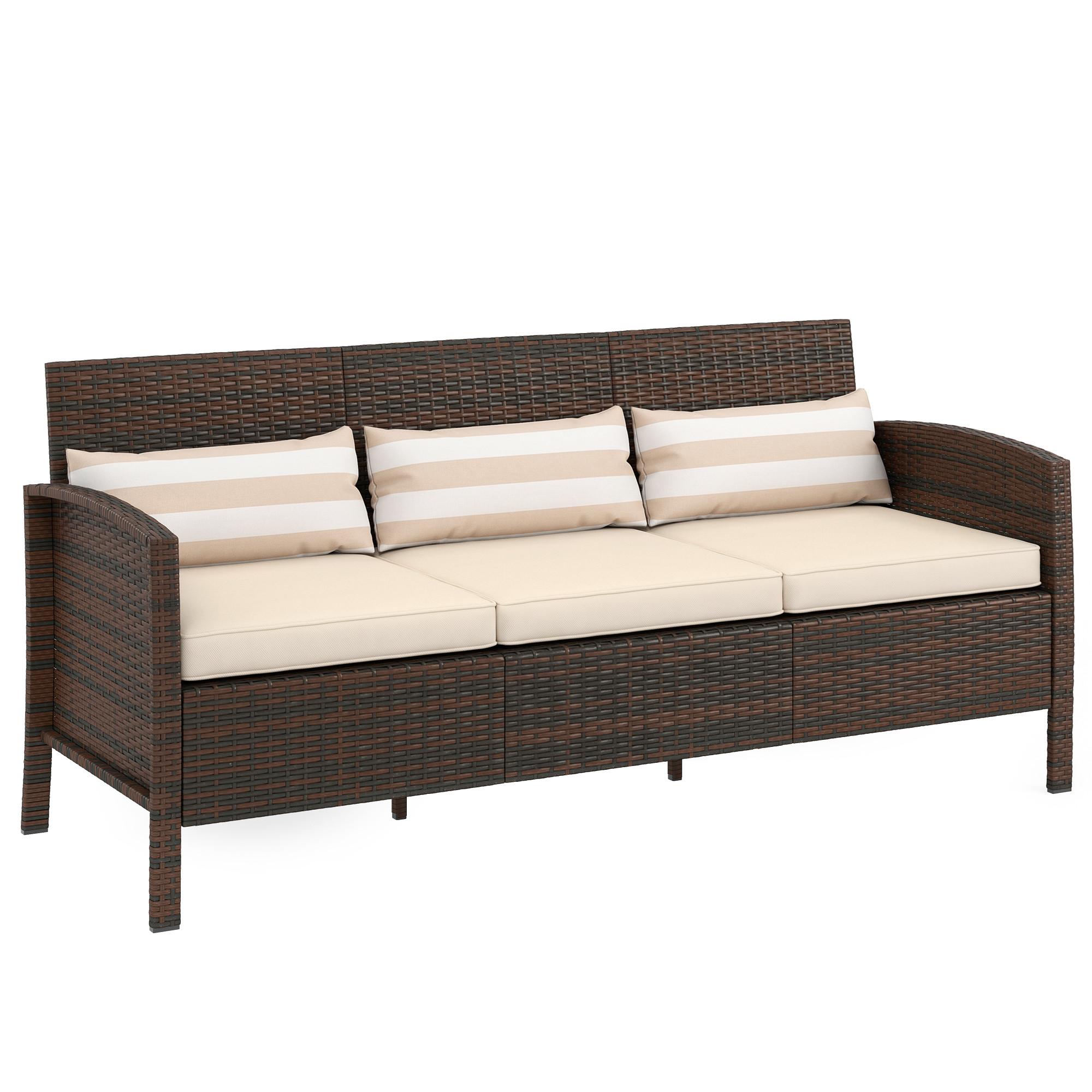 RATTAN Sofa mit Kissen, Dreisitzer, Garten Loungesofa, Stahl, Braun - Braun, Metall (68/78/173cm) - Outsunny