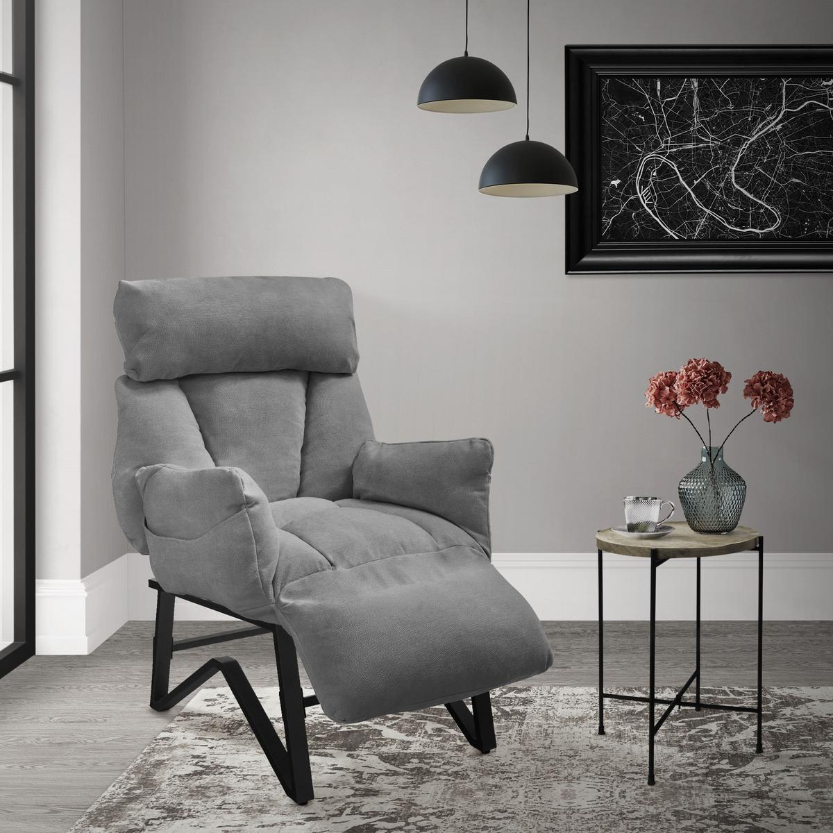 SESSEL mit Liegefunktion Grau Leinenbezug Relaxsessel verstellbar für Wohnzimmer - Schwarz/Grau, Textil/Metall (85/102/82cm) - ML-DESIGN