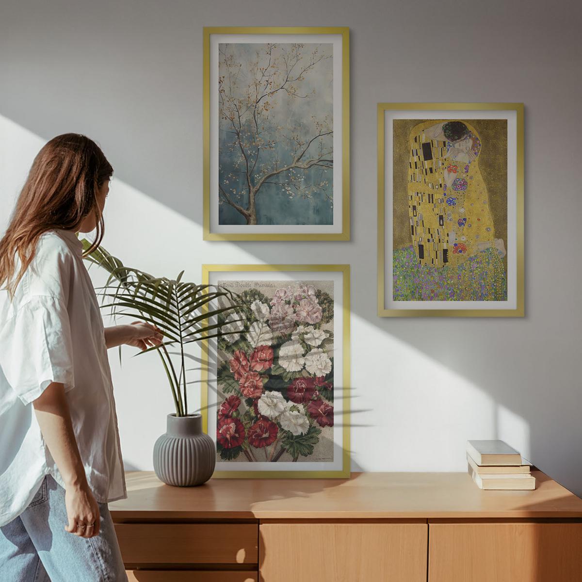BILDER SET 3er Set - 40x60 cm Goldrahmen - Blumen des Baumes (Gemälde von Klimt) - Goldfarben, Kunststoff (40/60cm) - TULUP