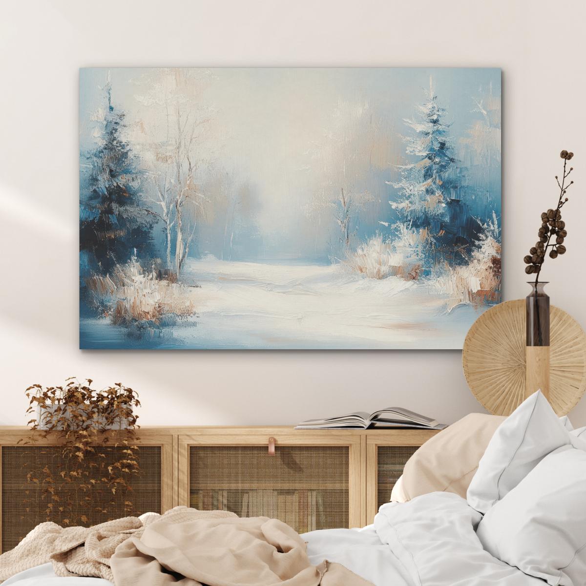 AKUSTIKBILD Wald - Winter - Natur - Abstrakt - Schnee Wandbild Wohnzimmer 100x70 cm - Weiß, Kunststoff (100/70/0.9cm) - MuchoWow