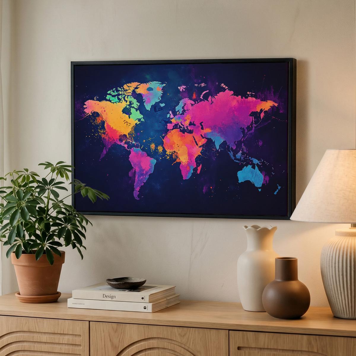 LEINWAND Bilder mit Rahmen - Weltkarte - Bunt - Graffiti - 60x40 - Multicolor, Textil (60/40cm) - MuchoWow