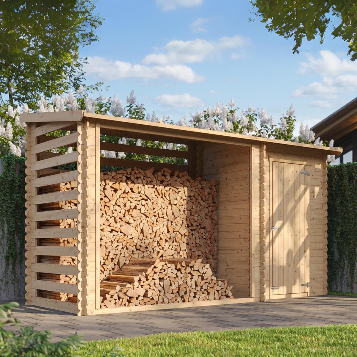 BRENNHOLZLAGER aus Holz mit Geräteraum 3,64 m², Kaminholzregal mit Pultdach, ca. 3,8 m³ Brennholzkapazität, 348 x 146 x 199 cm (B x T x H) - Naturfarben, Holz (348/199/146cm) - Timbela
