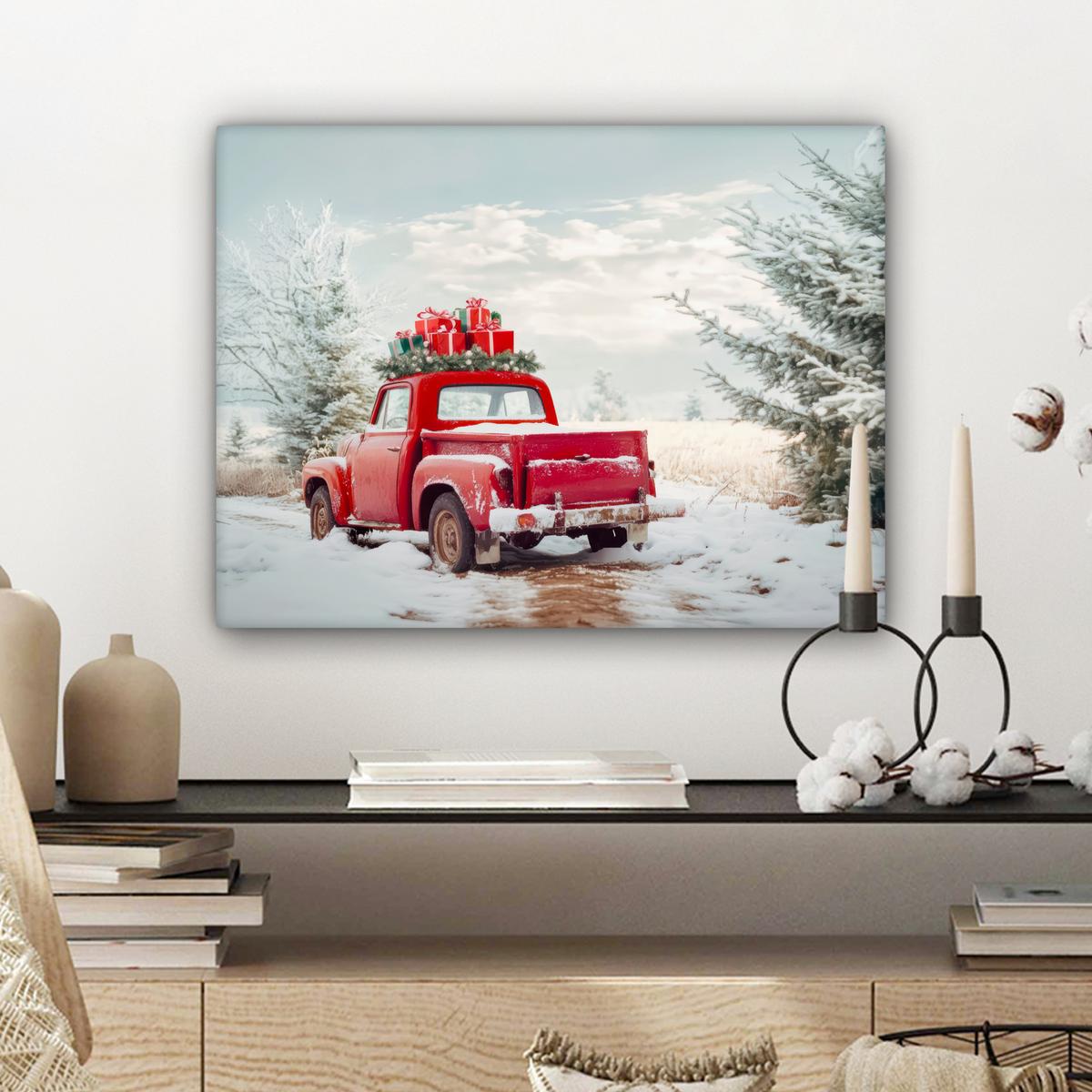 LEINWANDBILD Auto - Rot - Geschenke - Winter - Schnee - Weihnachten Wandbild 40x30 cm - Rot, Textil (40/30cm) - MuchoWow
