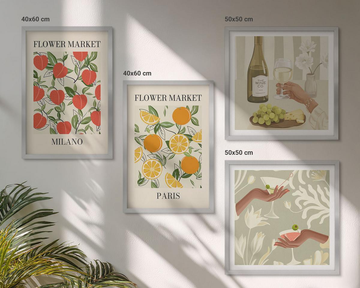 BILDER SET 4er Set - 50x50 cm & 40x60 cm Silberner Rahmen - Blumenwein Mailand Paris - Silberfarben, Kunststoff (50/50cm) - TULUP