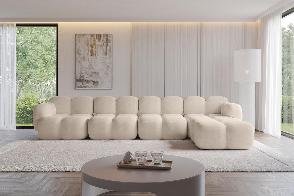 ECKSOFA modulares Sofa Rechts Miko-L3 390x205x75 Beige Velours - Ecru/Schwarz, Holzwerkstoff/Kunststoff (390/205cm) - ALTDECOR
