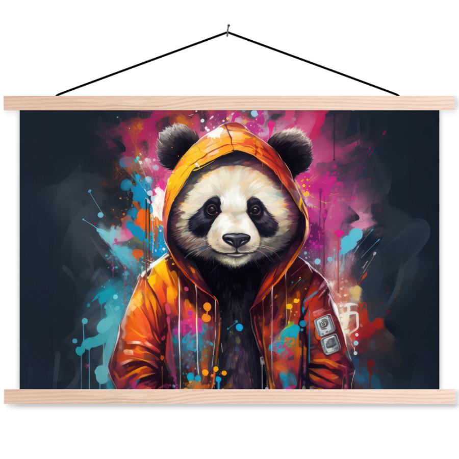 POSTER MIT MAGNETLEISTEN Panda - Jacke - Graffiti - Orange Wanddeko 90x60 cm - Orange, Textil (90/60/0.15cm) - MuchoWow