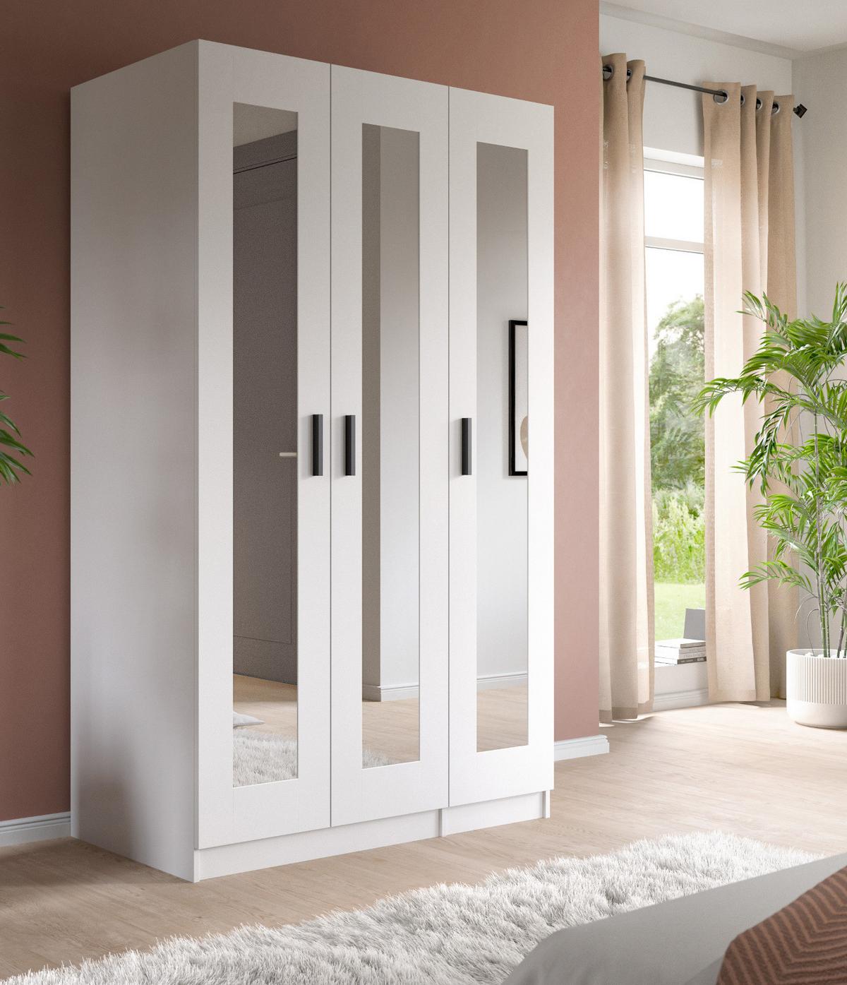 KLEIDERSCHRANK in weiß 120 x 194 cm skandinavisch, Drehtürenschrank 3-türig mit Spiegel - Schwarz/Weiß, Glas/Holzwerkstoff (120/194/56cm) - Inn.Furn